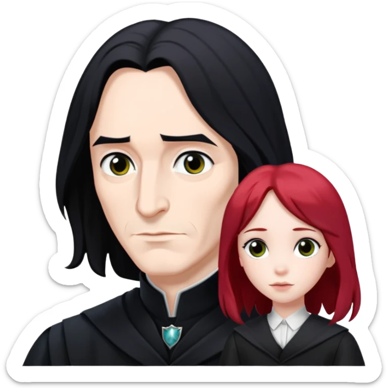 Severus Snape with black hair looking at a photo of Lily with red hair sticker