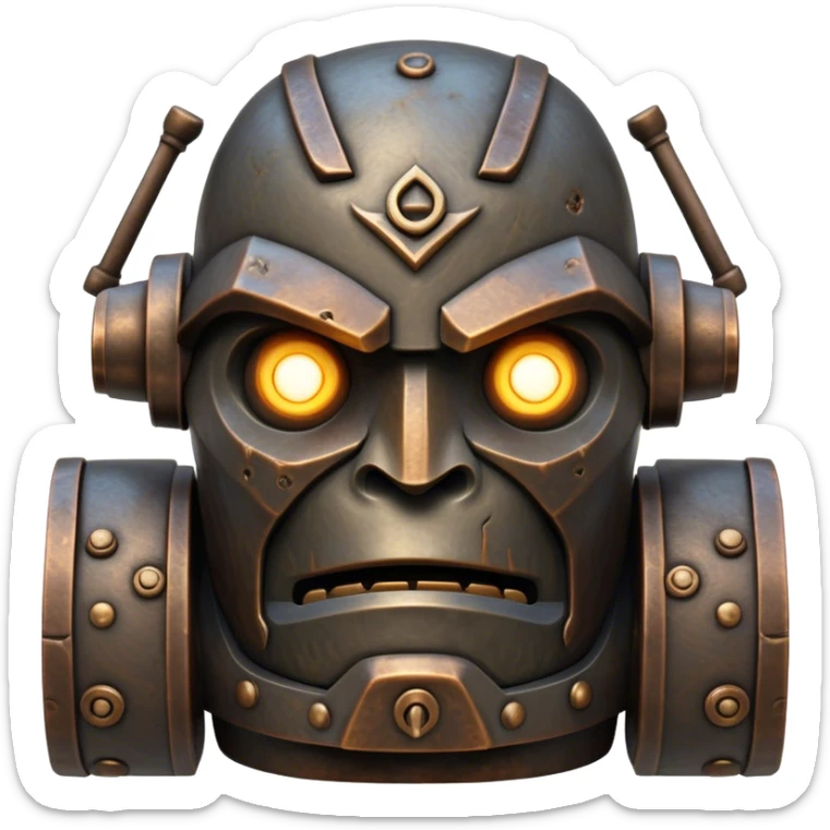 Cinematic Noble Mighty Iron Golem Portrait Emoji Poised and imposing, with a towering, metallic form forged from intricately detailed plates of burnished steel and ancient bronze, etched with faint traces of runes and weathered marks of time. Its piercing, glowing eyes radiate unwavering resolve, casting a solemn and commanding presence; rendered with lifelike texture and natural metallic highlights, high shine, elegant yet indomitable, styled with an aura of legendary endurance, focused and resolute, soft glowing outline, capturing the essence of an eternal guardian, standing vigilant and immovable as if ready to awaken at any moment with unstoppable might! sticker