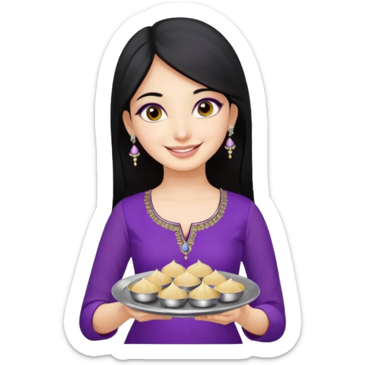 a pretty bratz girl with straight black hair, wearing a purple kurti, silver jhumkas, eyeliner, carrying a plate of momos. No necklace or bindi sticker