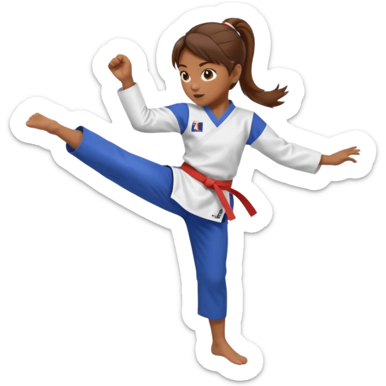 brown-skinned girl with brown hair in a ponytail in a taekwondo uniform, kicking sticker