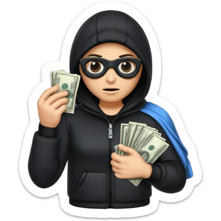 Robber with money na mão direita com uma blusa de frio preta  sticker