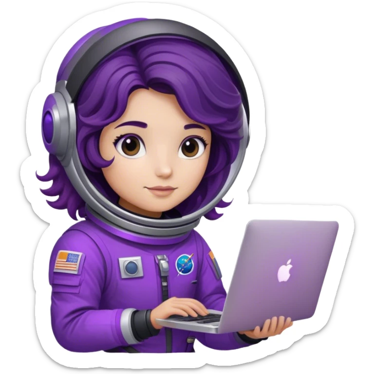 astronaut with purple suit, ombre black/brown wavy hair and a macbook sticker