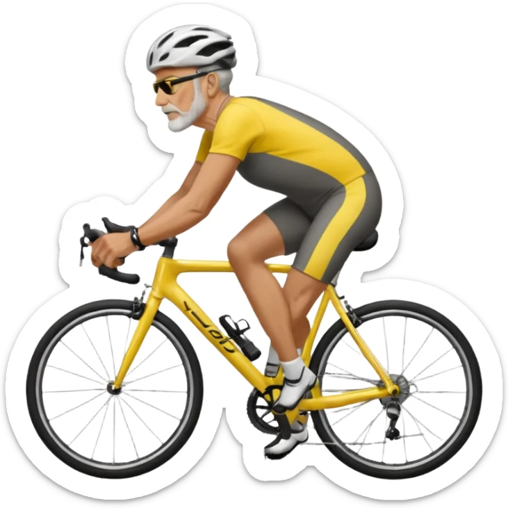 emoji of a 60-year-old man, about 200 lbs, no beard, no eyeglasses, in loose cycling clothes, yellow and black top, straddling a grey road bike, graphic design, adding a background of a road in a neighborhood or highway sticker