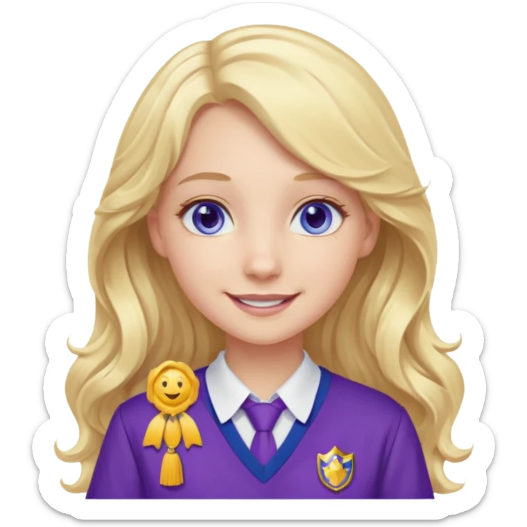 A pale girl with blue eyes and long and blonde , wavy hair , smiling wearing a purple school uniform  sticker