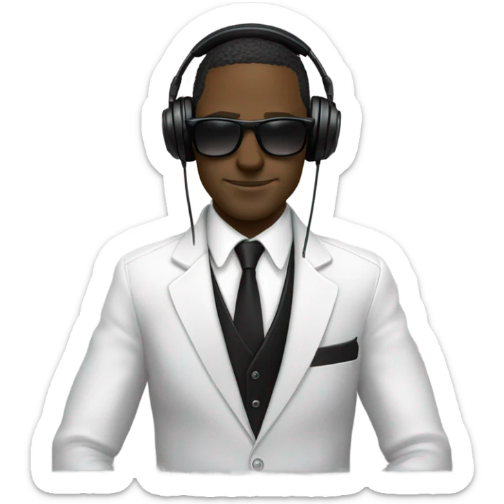 White Man with sunglasses DJ black jacket skinny tie headphones scratching records spinning records sticker