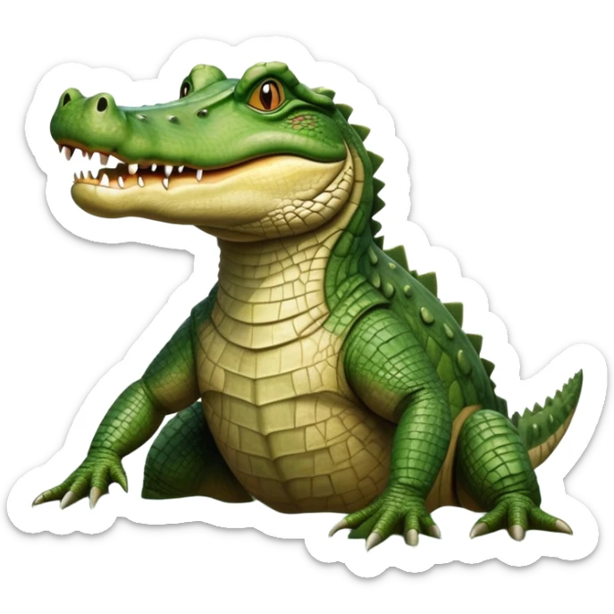 cinematic-crocodile-realistic-full-body-on all fours-emoji,-massive-scaled-body-partially-submerged-in-shallow-water,-head-tilted-dramatically,-rough-green-and-brown-hide-textured-with-deep-ridges,-simplified-yet-realistic-focused-features, head held high sticker