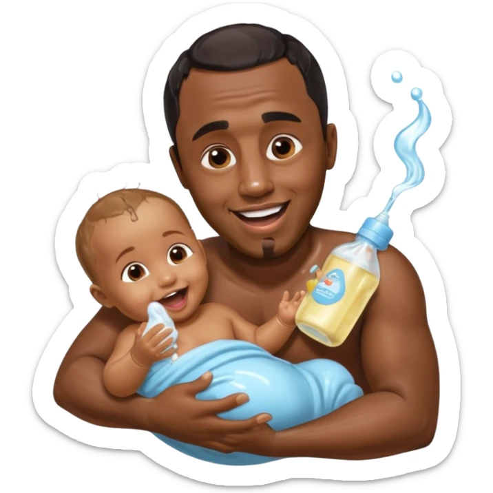 Sean “Diddy” Combs with baby oil and a very small infant and he’s pouring the baby oil on the infant that is laughing with a very exaggerated expression sticker