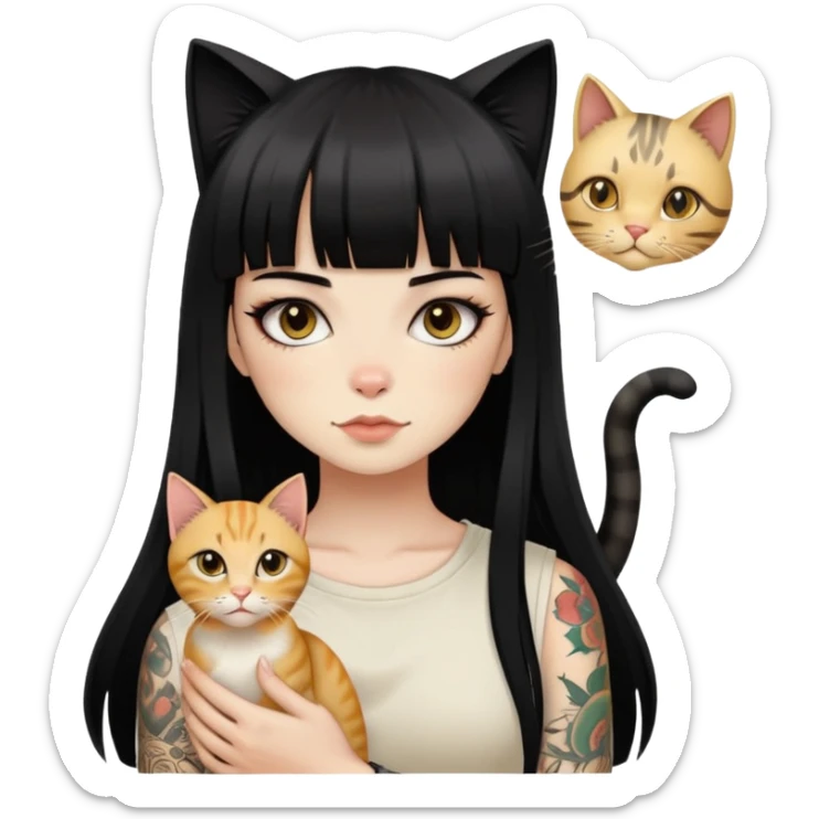 girl with long black  straight bangs hair and tattoos and a golden-shared cat sticker