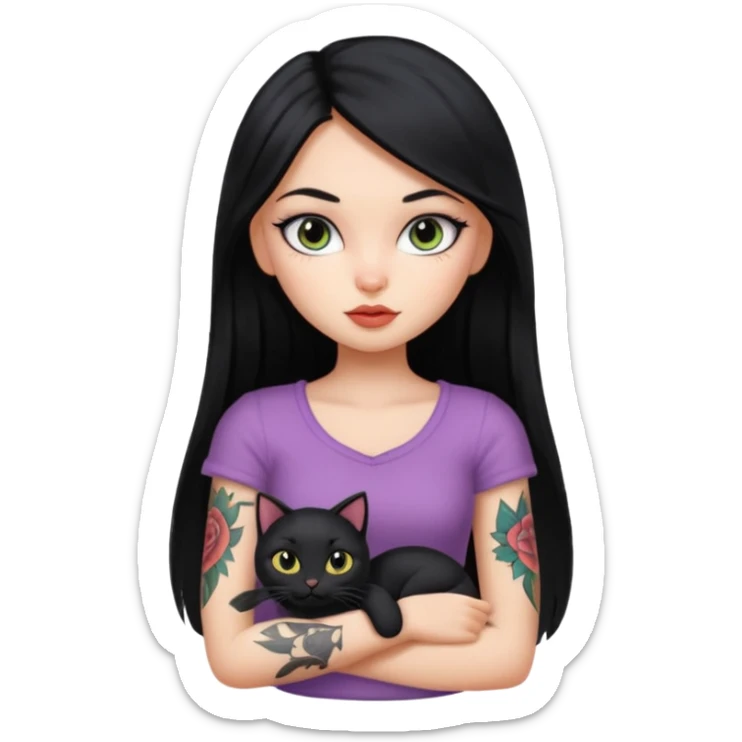 black and long straight hair pretty bratz with tattoo and black cat sticker