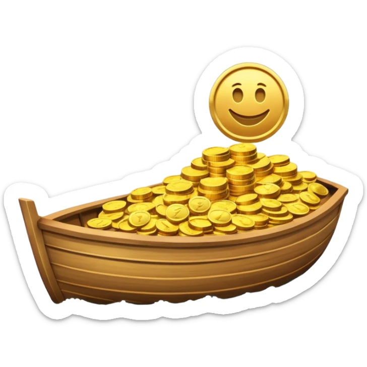 emoji of gold coins on the boat in the sea sticker