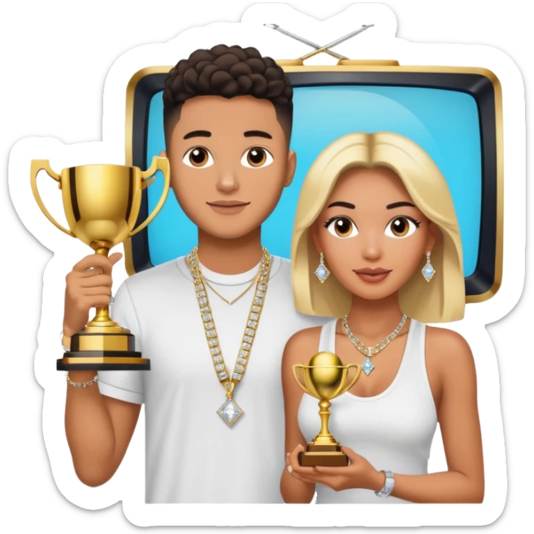 Internet celebrity Josh King Madrid jetset wearing shiny diamond earrings and sparkly iced out diamond tennis necklace chains with Instagram model girl tefi valenzuela sitting with him holding gold internet celebrity trophy on tv show in Miami sticker