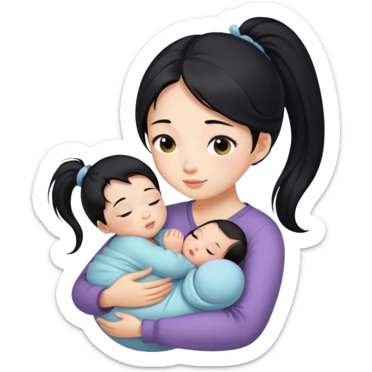 Ponytail chinese girl hugs a newborn baby and a girl sticker