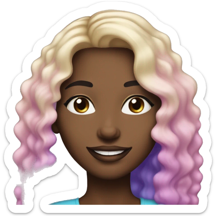 An adult white-skinned woman, with makeup, smiling, face with pink and purple glittery, blue eyes, long wavy ombre hair from brown roots to blonde ends, ring earrings, black T-shirt. sticker