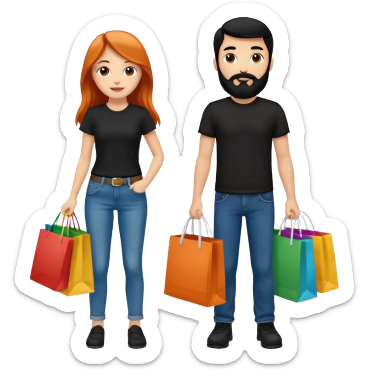 Chica blanca con cabello cobrizo largo y chico con cabello y barba negra los dos de contextura media los dos vestidos de jeans y camiseta negra con bolsas de compras de colores sticker
