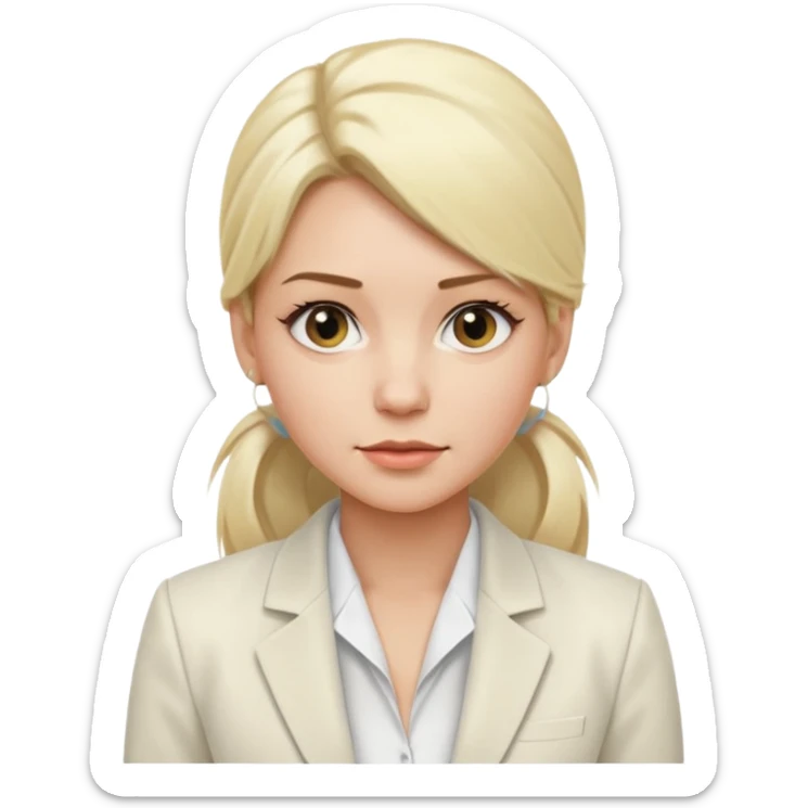 White blonde women with a low ponytail two strands of her in the front a white blouse and white blazer sticker