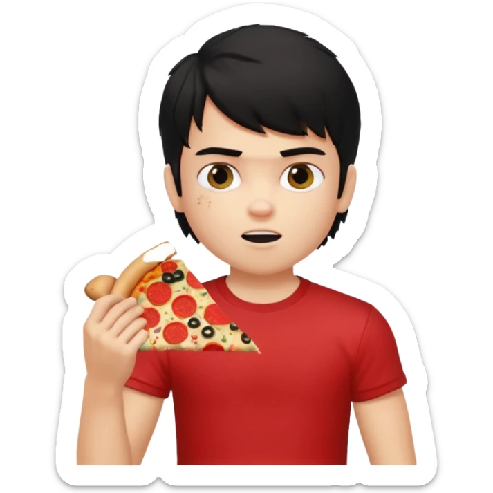 generate a pretty fair bratz boy with a messy mullet (black hair), wearing a red tshirt. eating pizza. He has big biceps sticker