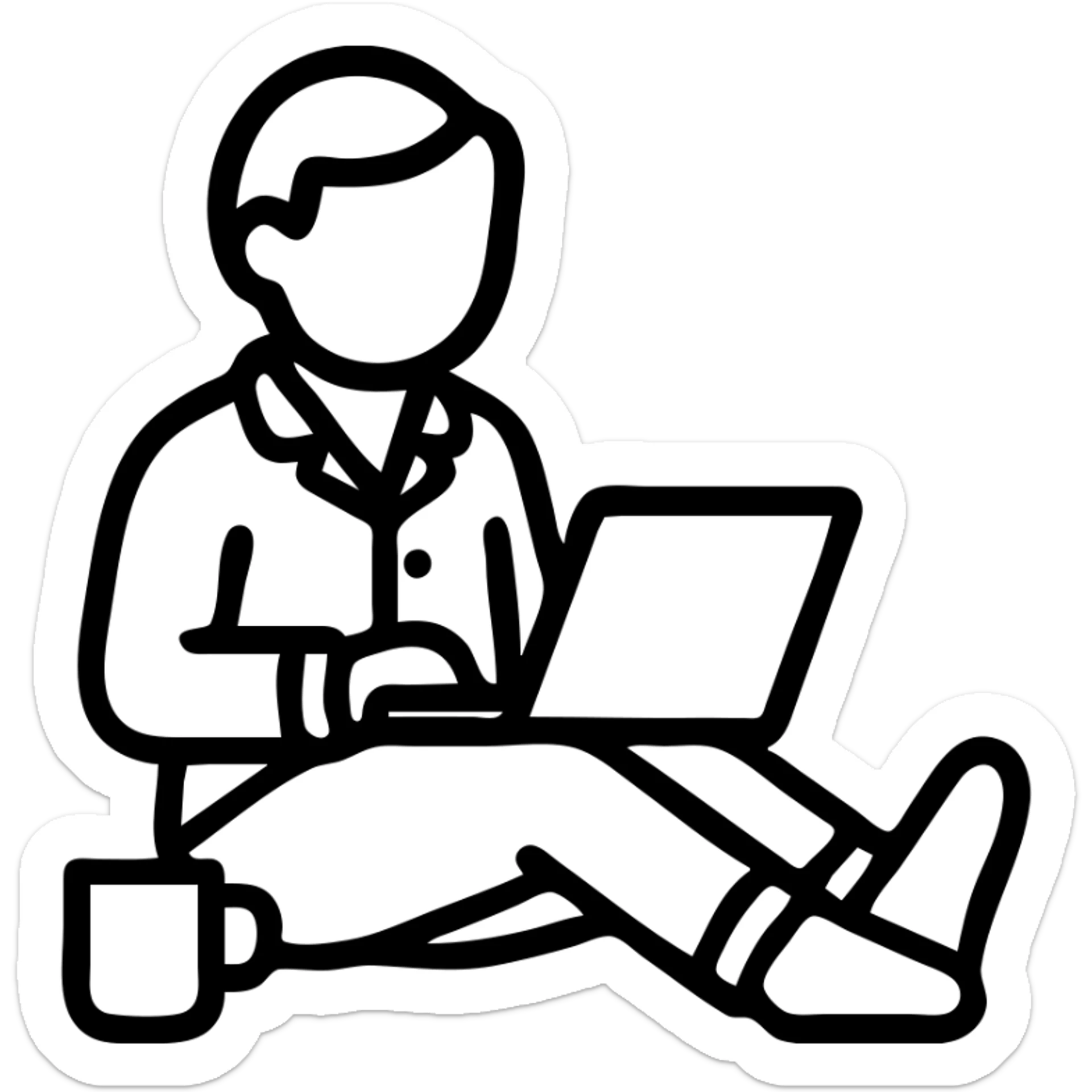 minimalist icon of a lazy SMM specialist with a laptop on lap, wearing pajamas, coffee cup nearby sticker