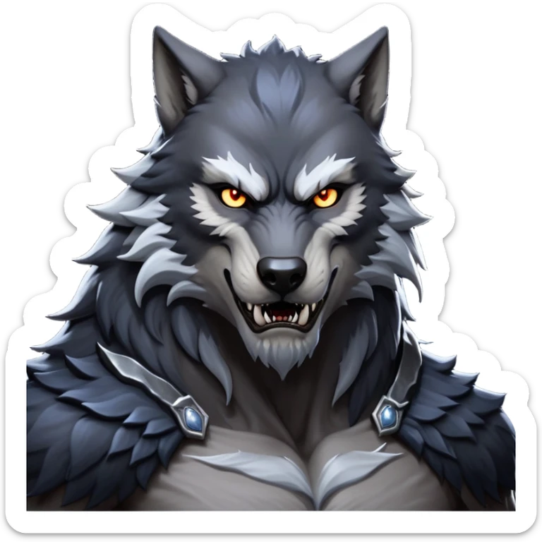 cinematic-noble-fierce-werewolf-portrait-emoji, poised-and-imposing, with a tall, slender yet muscular frame inspired by the brutal, imposing shape of the beast from Berserk, fur rippling in shades of midnight black and silver, eyes glowing with an intense, primal ferocity, reflecting the untamed power of the wild moonlit night; rendered with realism sticker