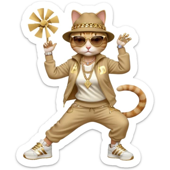 female cat in Run DMC hip-hop outfit with tracksuit, fedora, Adidas sneakers, dark sunglasses, many gold chains and bling accessories, doing a windmill break dance move sticker