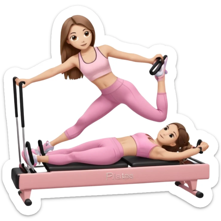 pretty caucasian teen with hazel eyes long brown hair wearing light pink workout clothes doing a plank on a pilates reformer sticker