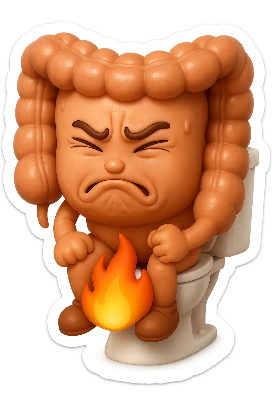 SU QUESTO STILE FAI UN EMOJI STILE IPHONE 3D DI UN INTESTINO CHE sta seduto sul wc e dal wc in mezzo alle sue gambe esce una fiamma stile emoji iphone, FAGLI UN ESPRESSIONE di dolore mentre si sforza E FALLO MOLTO REALISTICO IN 3D sticker