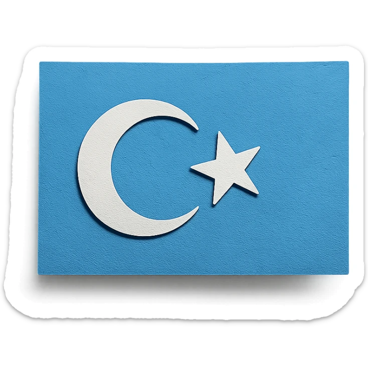 flag of East Turkistan, blue background, white crescent moon and star, paper craft style sticker