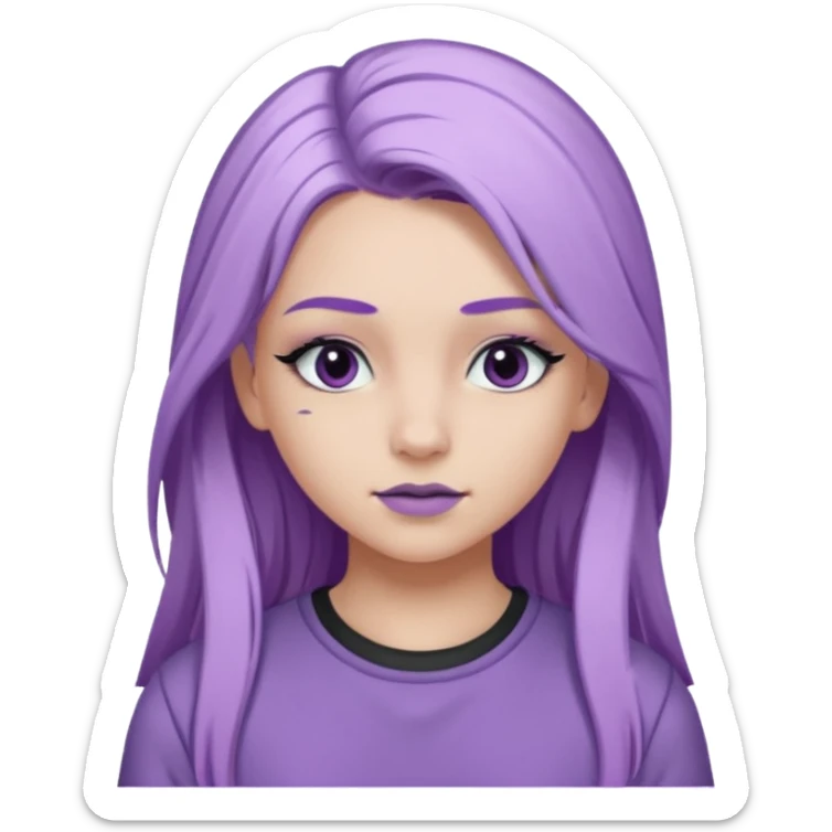 Девушка белокожая на беговой дорожке, с длинными светло-лиловыми волосами, в лиловом топе, в серых спортивных штанах, с черными ресницами sticker