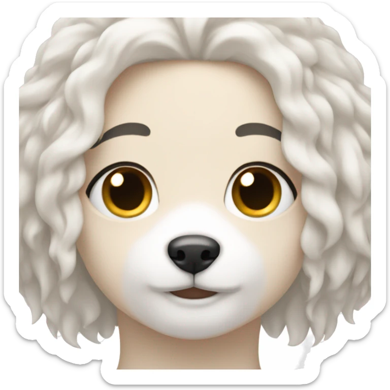 White girl with black long hair and small white fluffy dog sticker