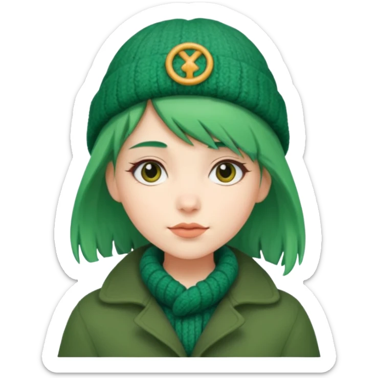 Girl with green hair wearing winter coat and a woolen hat with a relaxed posture and friendly face sticker