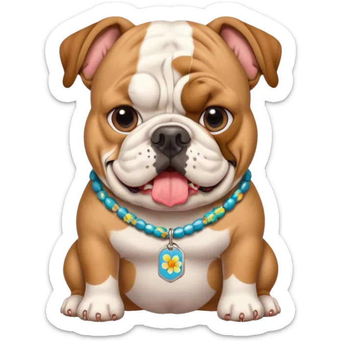 cute emoji of an english bulldog with a Hawaiian shirt and a 'chompers' dog tag sticker