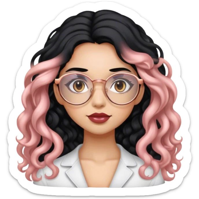 Girl with long wavy-curly black hair and rose gold glasses sticker