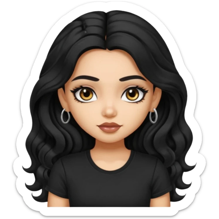a pretty FAIR indian bratz girl with wavy long black hair, wearing a black tshirt, eyeliner on sticker