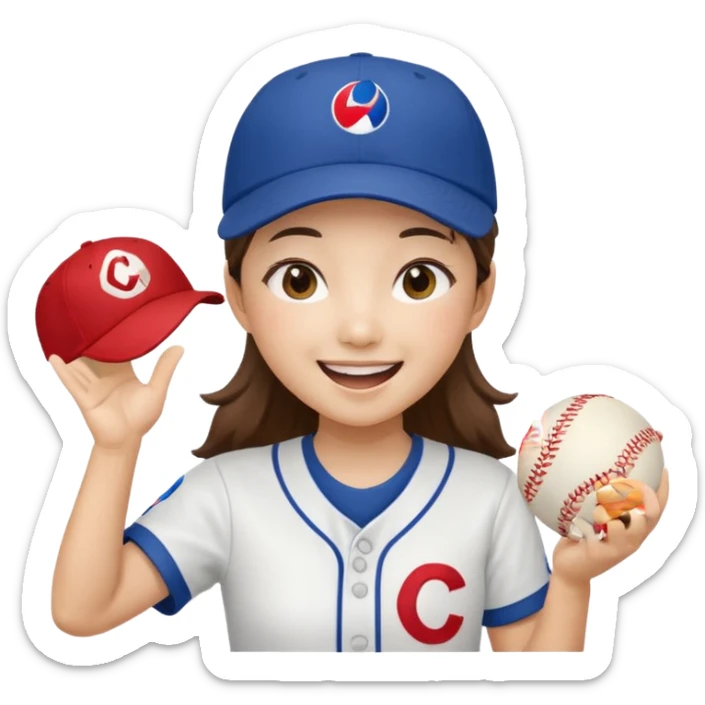 a korean girl cheering her favorite baseball team, wearing the team uniform, baseball cap, and holding baseball sticker