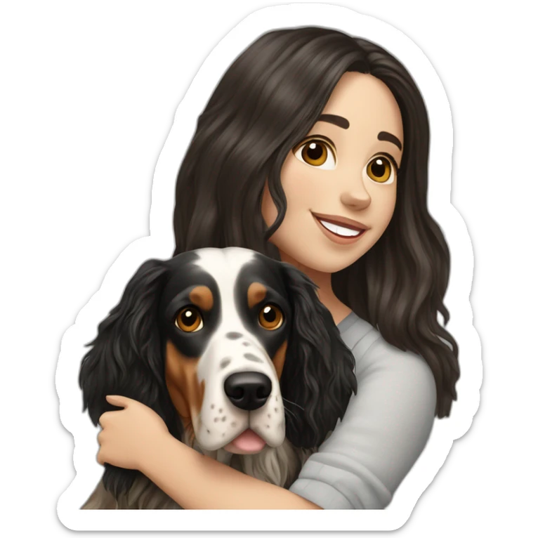 hyperrealist caucasian girl black long hair with brown english setter dog sticker