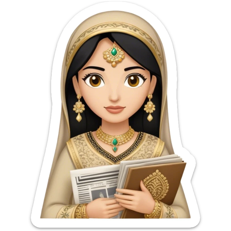 a khaleeji woman dressed in a traditional embroidered outfit,  black hair and a lot of gold accessories holding newspapers  sticker