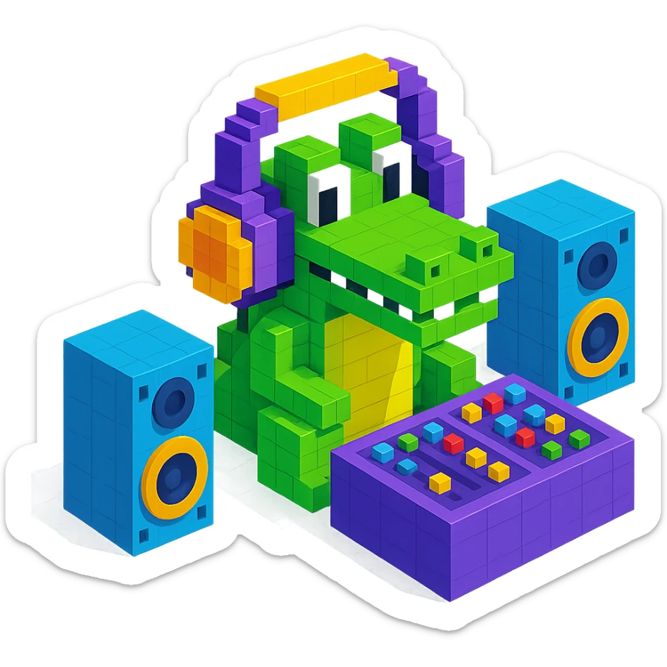voxel style crocodile with large over-ear headphones in a music studio, isometric view, visible studio equipment like speakers and mixing desk sticker
