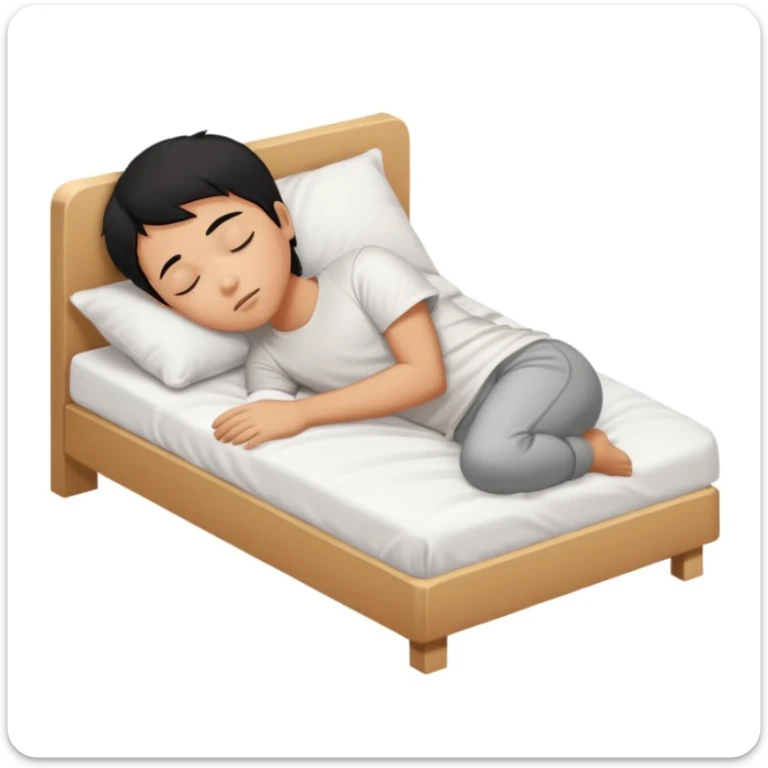 indonesian asian boy black hair wearing white tshirt, is sleeping on white bed sticker