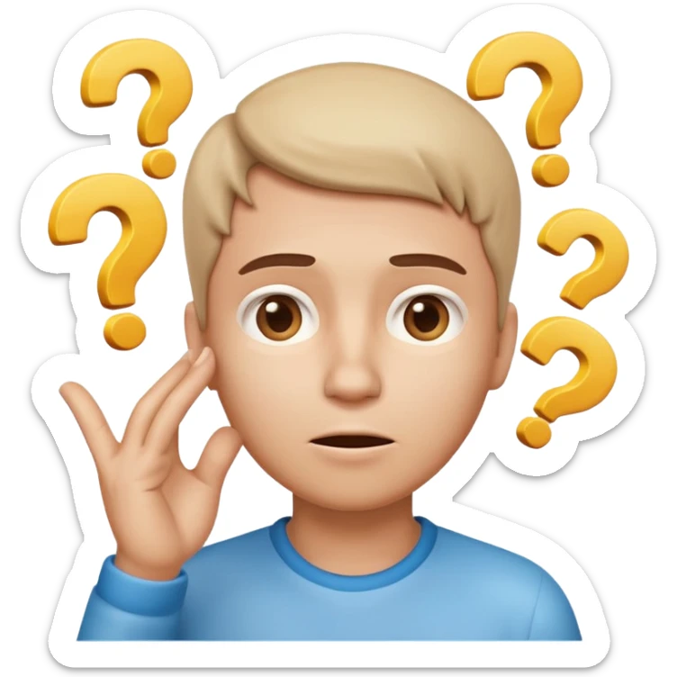 Telegram-style 3D emoji of a confused person, hand on chin, looking up, raised eyebrow, small question marks around head, soft gradient shading, clean rounded design, transparent background. sticker