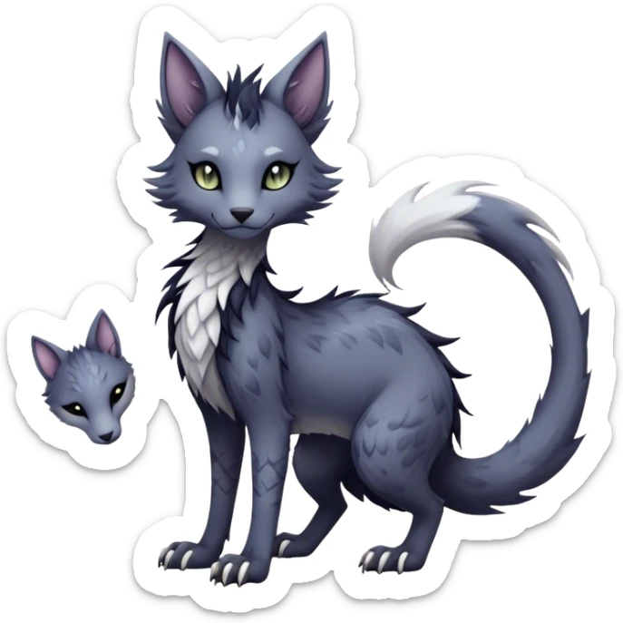 Kawaii dark edgy gloomy dusky dull-colored fantasy ethereal feline-vernid-sergal-fursona animal creature with a tufted tail full body with intricate markings  sticker