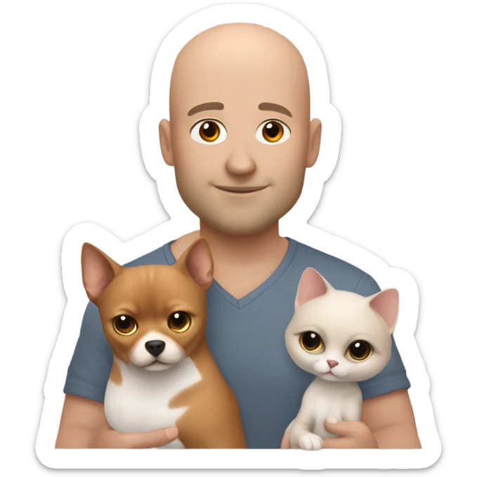 White, bald man is holding a grey, small sphinx cat and woman with dark, straight hair is holding orange, fluffy Pomeranian dog sticker