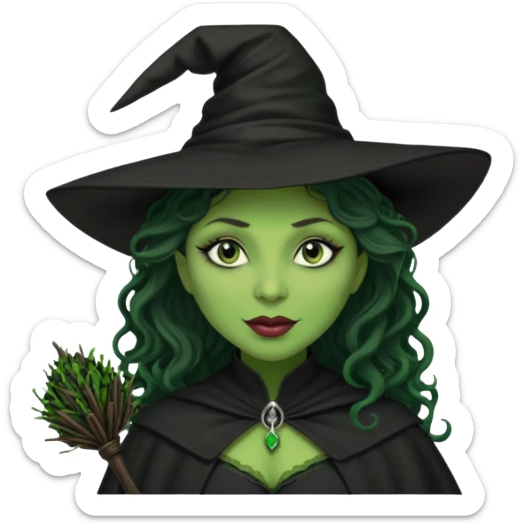 elphaba the wicked witch from wicked movie (cynthia erivo) dark long curly hair, thick lips, green skins, witch hat, witch broom, evil, wicked musical film  sticker
