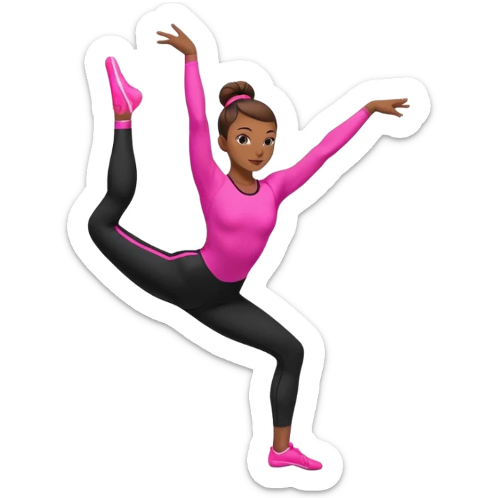 A female gymnast with brown hair in a neat bun, wearing black leggings and a T-shirt with neon pink elements, performing an acrobatic move. sticker