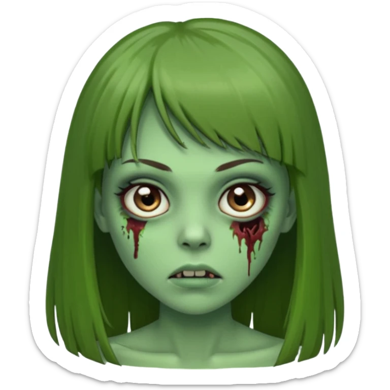 Zumbi feminino, de pele verde, cabelo longo liso e castanho com franja. rosto oval e cilios grandes sticker