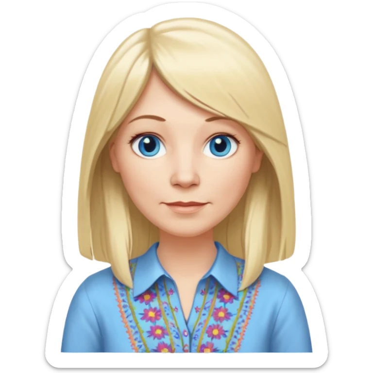 50 yr old white woman, hippie part bangs, very long straight blond hair, oval face, small smile, blue eyes, thin face, hair downback, hair parted at center of head, round cheeks, pale, longer hair, dress shirt sticker