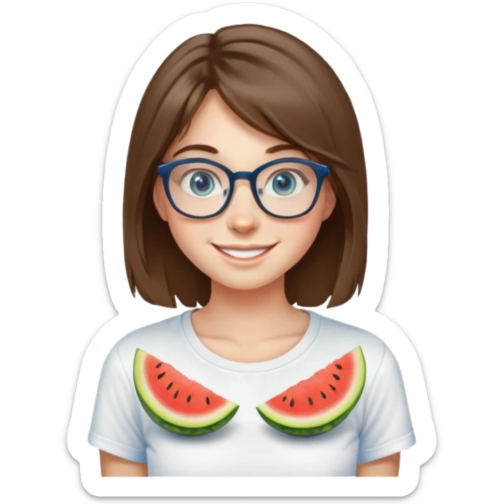 Girl with thin-rimmed glasses, shaggy hair, melon face, big eyes, smiling, 23 years old, energetic, wearing a white t-shirt sticker