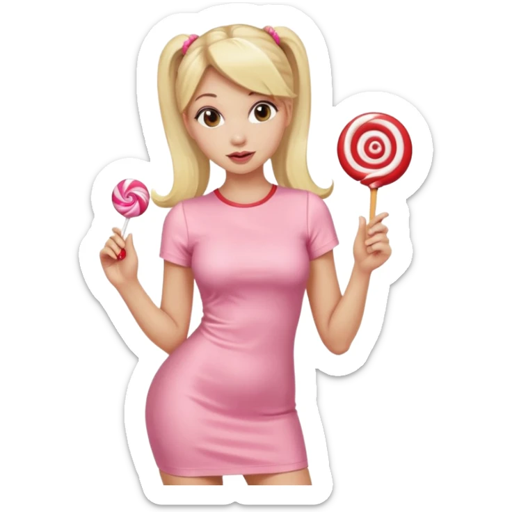 Beautiful woman with long blonde ponytails wearing light pink bodycon dress holding a lollipop sticker