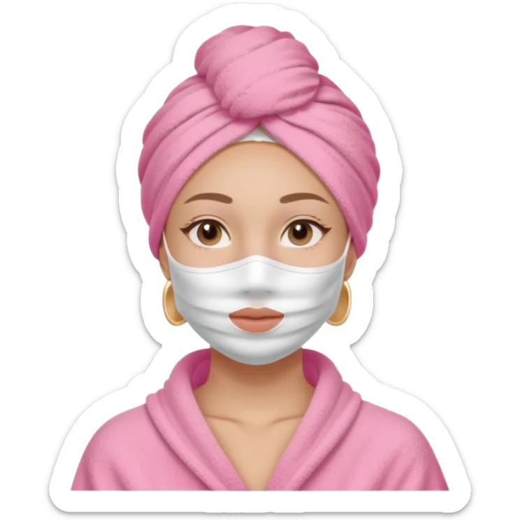Clean girl influencer character, chest-up portrait, wearing a pink towel wrapped around the head, half-face skincare mask (applied only on one side of the face), relaxed confident expression, , minimal chic self-care aesthetic, subtle beauty accessories sticker