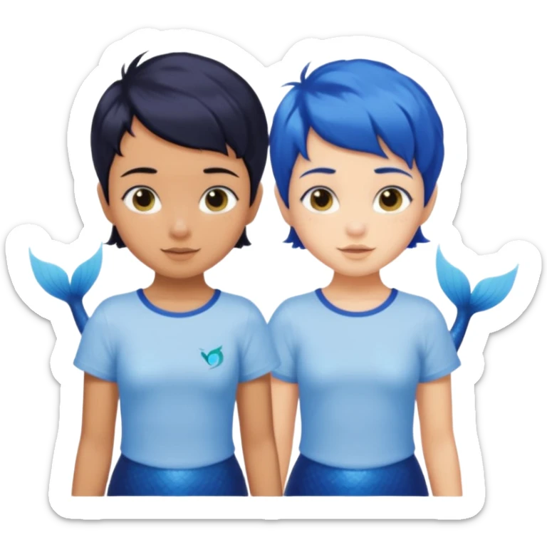two tanned skin, black haired, sibling mermaids, one with short hair and the other with pixie cut. both wearing t shirts with blue tails sticker