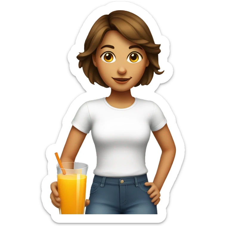 A girl with short brown hair wearing a white t-shirt, drinking orange juice and a glass sticker