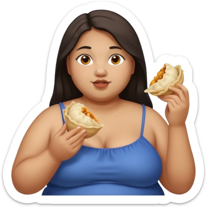 Can you create an emoji of a half Indian - half white 23 year old girl with dark brown mid length hair and brown eyes who is super obese and eating a dumpling. Full body and make her really fat sticker